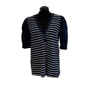 LOFT NAVY & WHITE HORIZONTAL STRIPE WOMENS SIZE L BLOUSE WITH PUFF SLEEVE